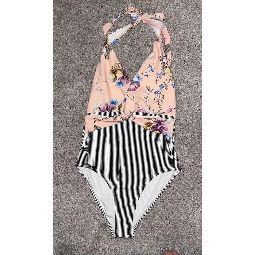 NWOT Cupshe Halter Swimsuit Swim Floral Stripes High Cut Pink Blank Deep V